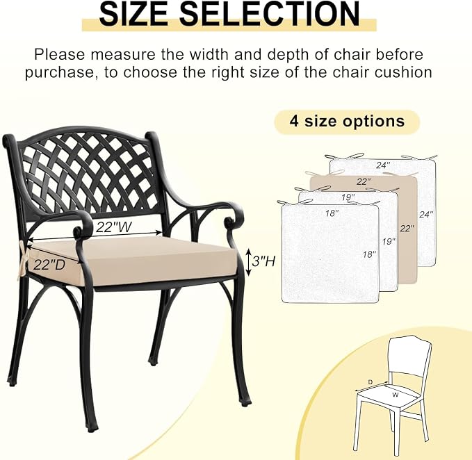 downluxe Waterproof Outdoor Chair Cushions for Patio Furniture, 22" x 22" x 3" Patio Chair Cushion with Adjustable Ties & Portable Handle, Square Outdoor Cushion with Removable Cover, Beige, 2 Pack - Image 6