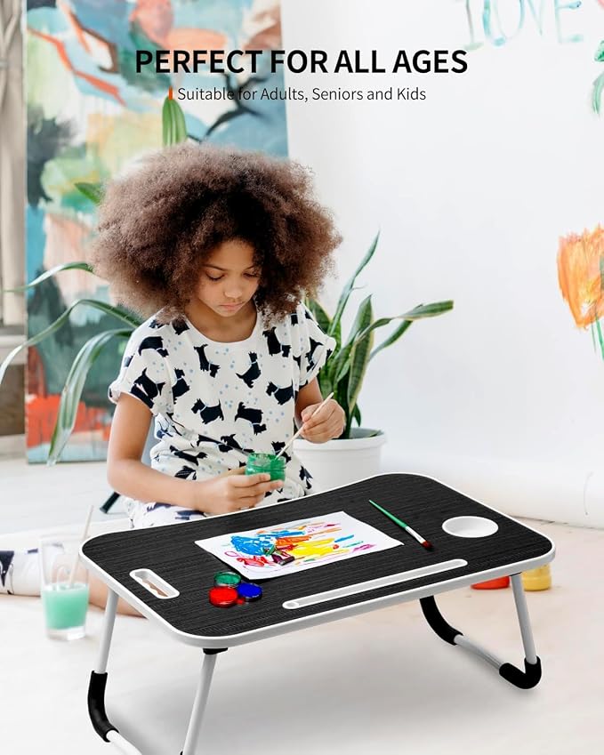 FISYOD Foldable Laptop Table, Portable Lap Desk Bed Table Tray, Laptop Stand with Cup Holder & Tablet Slot & Lifting Handle for Working Writing Drawing & Eating (Black Grain) - Image 4