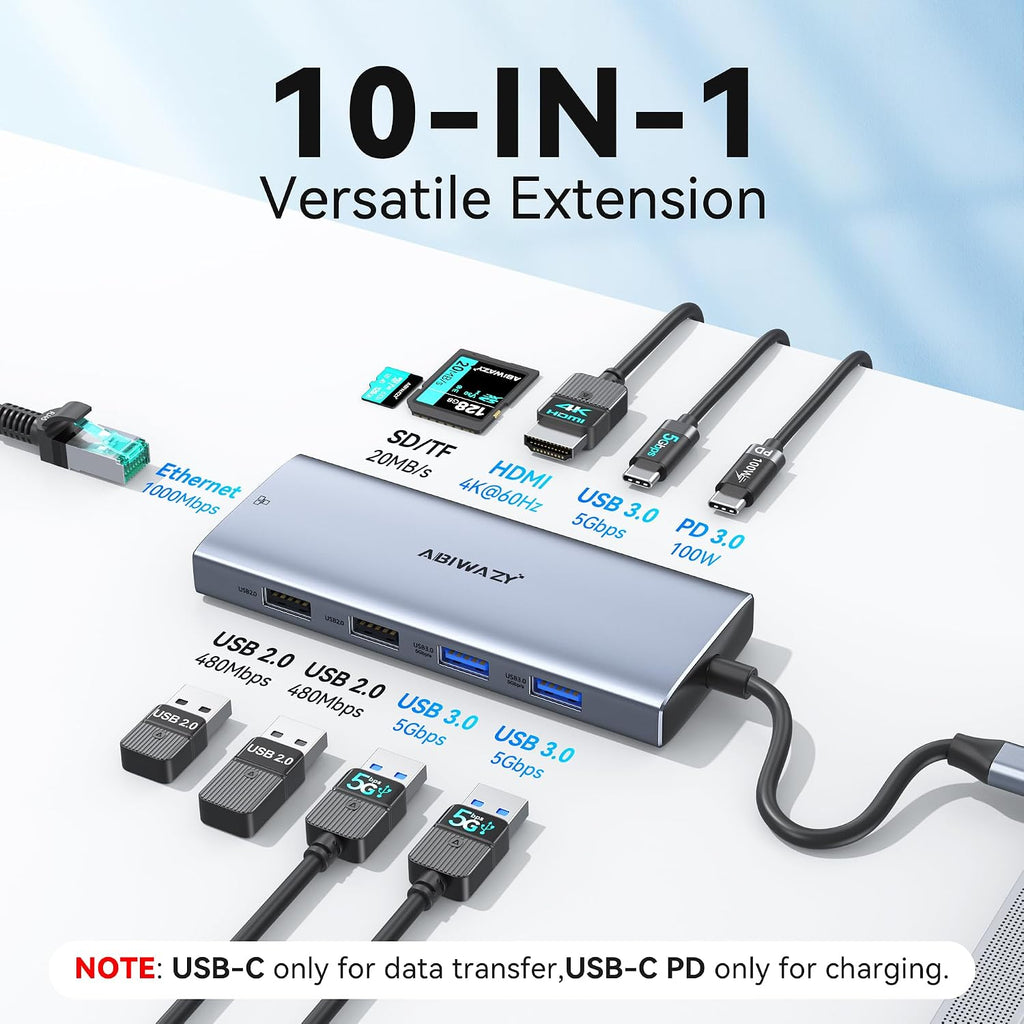 USB C Hub Multiport Adapter, ABIWAZY 10-in-1 USB C Hub for MacBook Pro/Air - Image 2