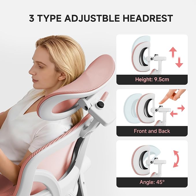 Ergonomic Office Chair, 330LBS Desk Chair with 3-Level Lumbar Support & Headrest, Breathable Mesh Backrest, Flip-Up Armrests for Home Office and Gaming, Pink - Image 5