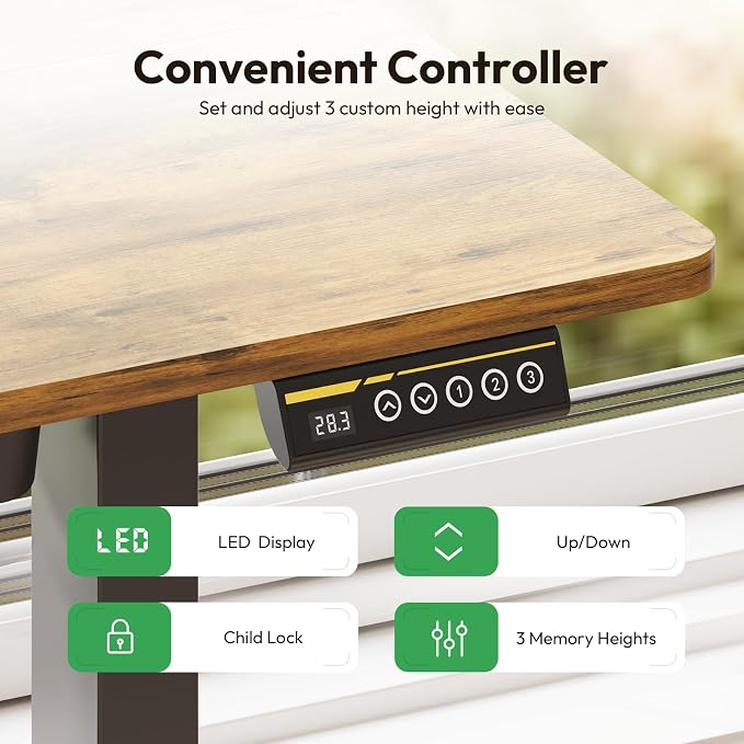 32 x 24 Inch Height Adjustable Standing Desk, 3 Presets, Brown | 32 x 24 in Desktop, 28.3–46.5 in Height, 2+3 Controls, ≤45 dB, 154 lb Capacity, 2 Hooks - Image 7