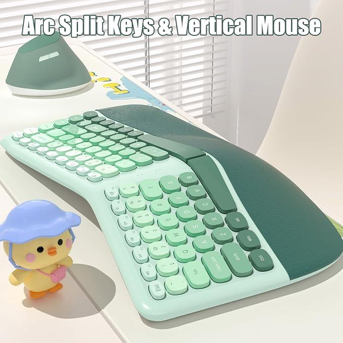 Wireless Keyboard and Mouse Combo, Ergonomic Design with Wrist Rest | 84-Key Membrane Keyboard Curved Split Keys, 6-Key Vertical Mouse, Cordless Set for Win/Mac, AAA Batteries Incl., Mint Green - Image 2