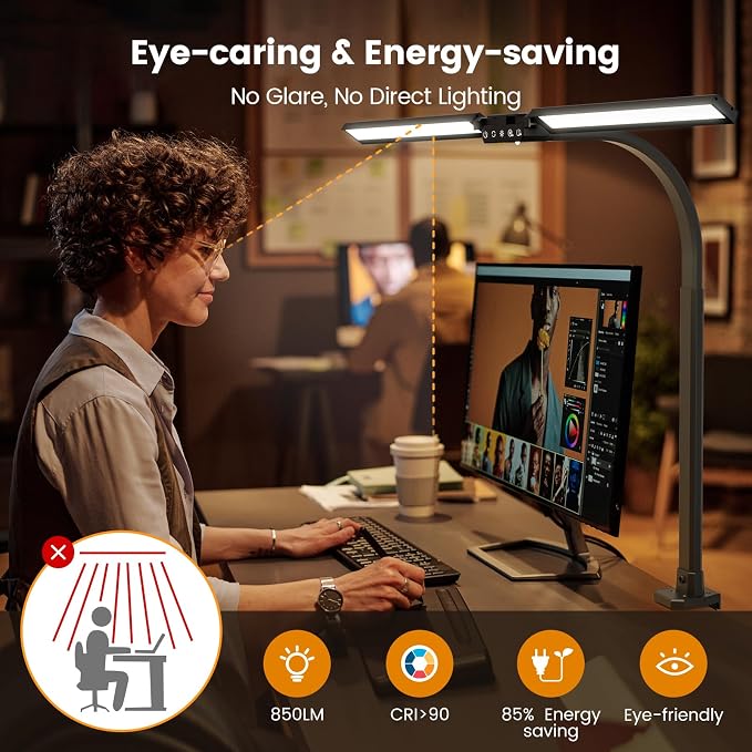 Upgraded LED Desk Lamp for Home Office with RGB, Rotatable Computer Desk Light with Remote, Tall Table Lamp with Clamp for Working, Dimmable Dual Head Task Lighting for Monitor PC, 22W - Image 6