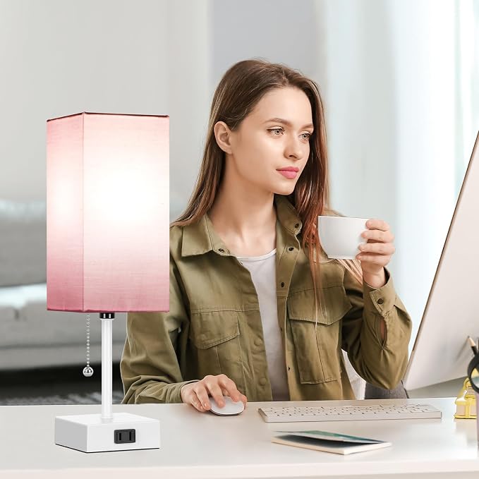 15'' Table Lamp for Bedroom set of 2,3-Color Bedside Lamps with Pull Chain | Table Lamps for Night stands ,Small Night Light Lamps with 2 Bulbs Lamps for Living Room Kids Room Office Decor（Pink+White） - Image 7