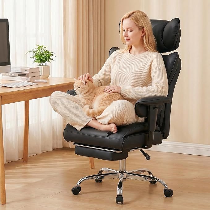 DUMOS Big and Tall Home Office Desk Chair, Executive Chair with Footrest | PU Leather, Ergonomic Comfy Lumbar Support, High Back Reclining, Adjustable Armrests, Black - Image 2