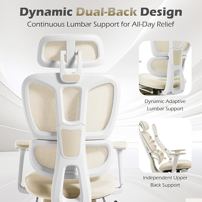 Ergonomic Office Chair with Footrest and Dynamic Lumbar Support, Cream | Reclining high-back computer chair, memory foam seat, 2D armrests, 2D headrest, mesh desk chair for home office, long hours - Image 4