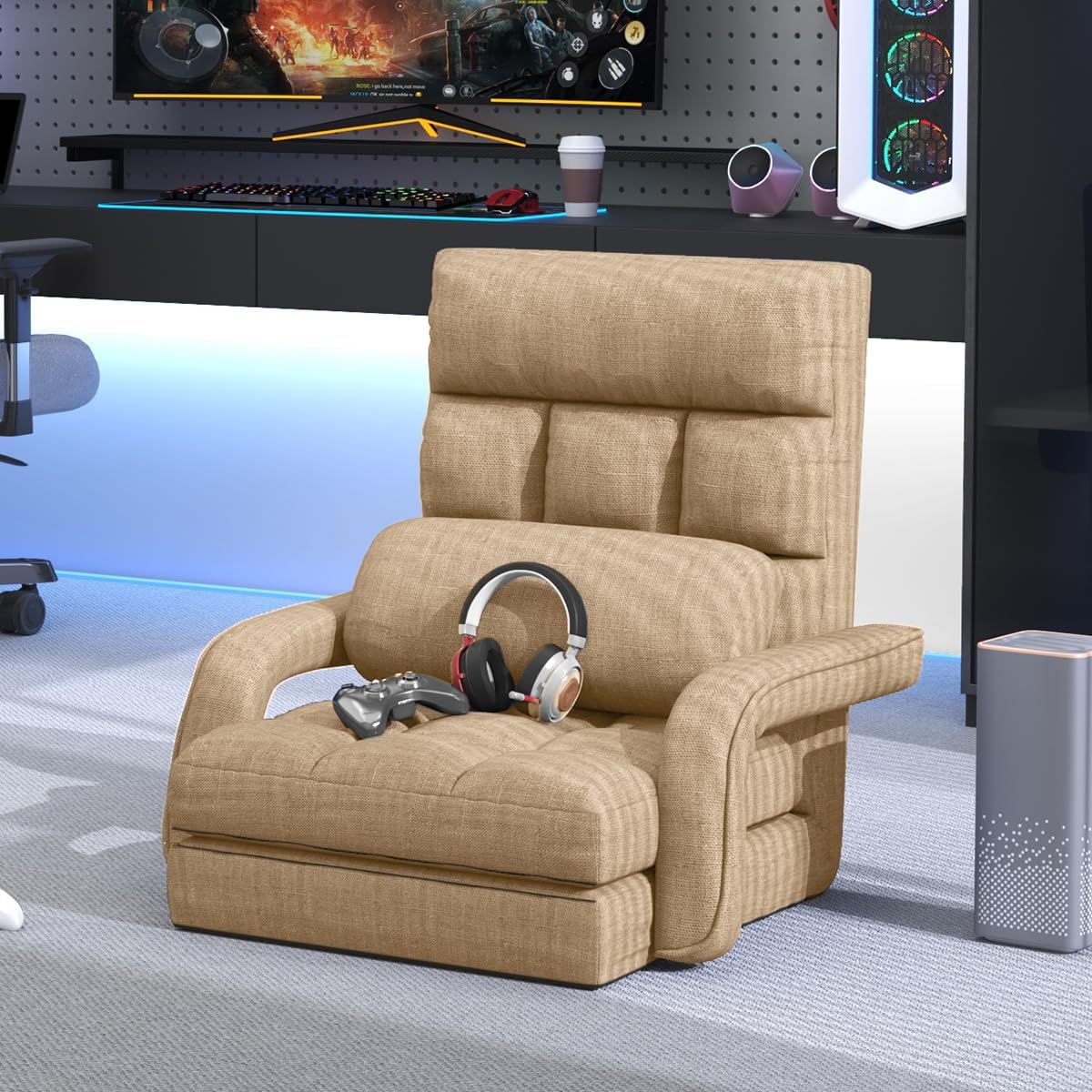 Floor Gaming Chair, 6 Position Adjustable Indoor Chaise Lounge Chair for Teens Adults, Padded Folding Meditation Sofa with Armrests and Pillow, Comfy Chair for Teens, Adults, Pets - Light Camel by KOZIDO