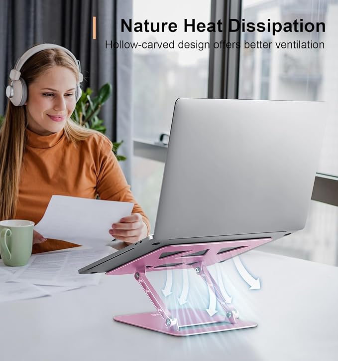 Aoviho Laptop Stand Holder, Adjustable Desk Laptop Riser, Foldable Notebook Computer Stands for MacBook Air Pro HP Lenovo Dell Samsung Chromebook, Up to 15.6 inch, Rose Gold - Image 4