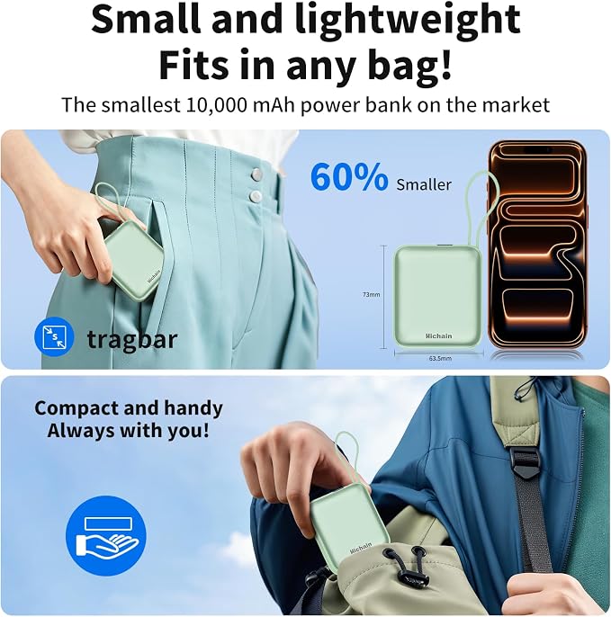 Hichain Portable Charger with Dual Built-in Cables 10000mAh Small Power Bank 22.5W Fast Charging Mini Powerbank LED Display Travel Essential Battery Pack for iPhone 17 16 15 14 13 All Series Green - Image 3