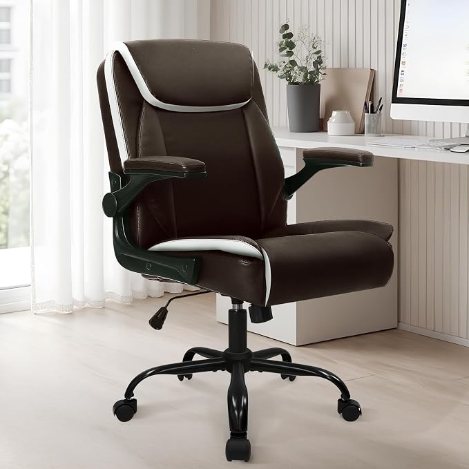 NEO CHAIR PU Leather Office Desk Chair with Adjustable Arms, Brown | Ergonomic Mid Back Computer Desk Chair Comfy with Wheels Swivel Rolling for Home Office Gaming Study - Image 2
