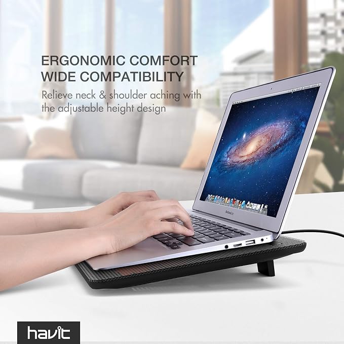 havit HV-F2056 Laptop Cooling Pad for 15.6-17 Inch Laptops, Black | Three quiet USB-powered fans circulate air below the laptop, two height settings improve viewing and typing comfort - Image 8