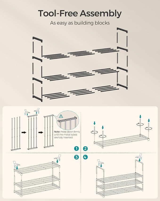 SONGMICS Shoe Rack, 3-Tier Shoe Organizer, Metal Storage Shelf | for Entryway, Upright or Upside Down, for 20-24 Pairs, Stackable, 11.8 x 46.1 x 21.7 Inches, Black ULSA033B01 - Image 5