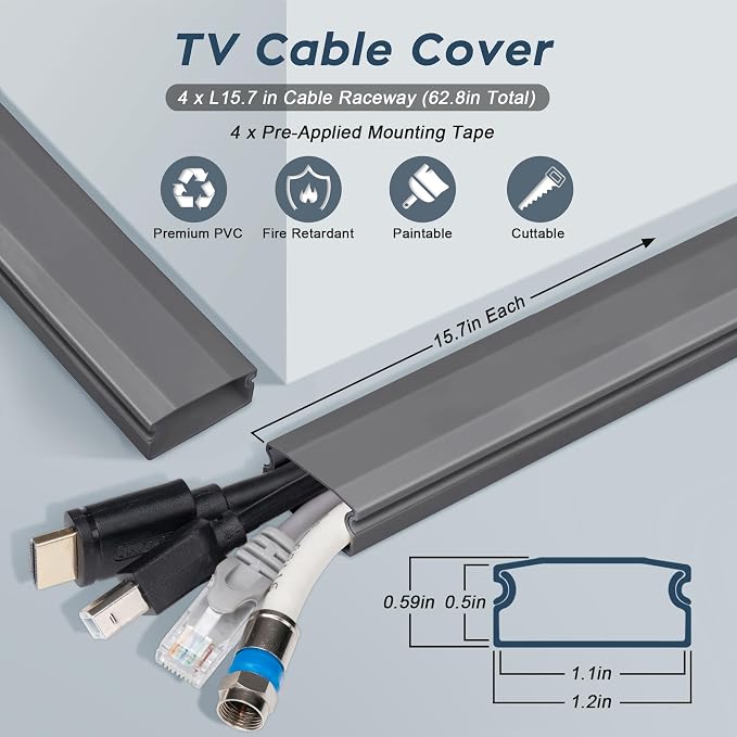 PVC Cord Hider Cable Management Wall, 62.8in TV Cable Hider | Paintable Cable Concealer for Wall Mounted TV, Cable Raceway Grey Wire Hider, Wall Wire Covers for Cords, L15.7inW1.2H0.59in - Image 2
