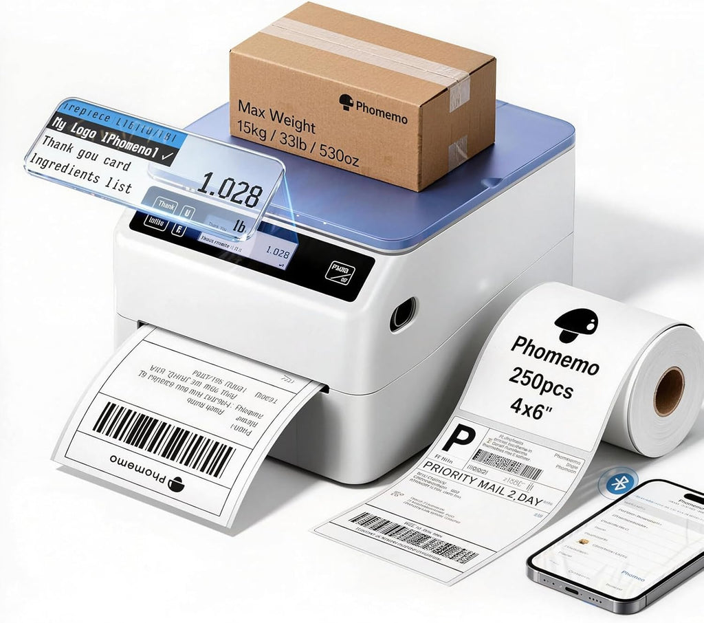 Phomemo D422S Shipping Label Printer with Scale & Packs of 250pcs 4x6 Thermal Labels by Phomemo