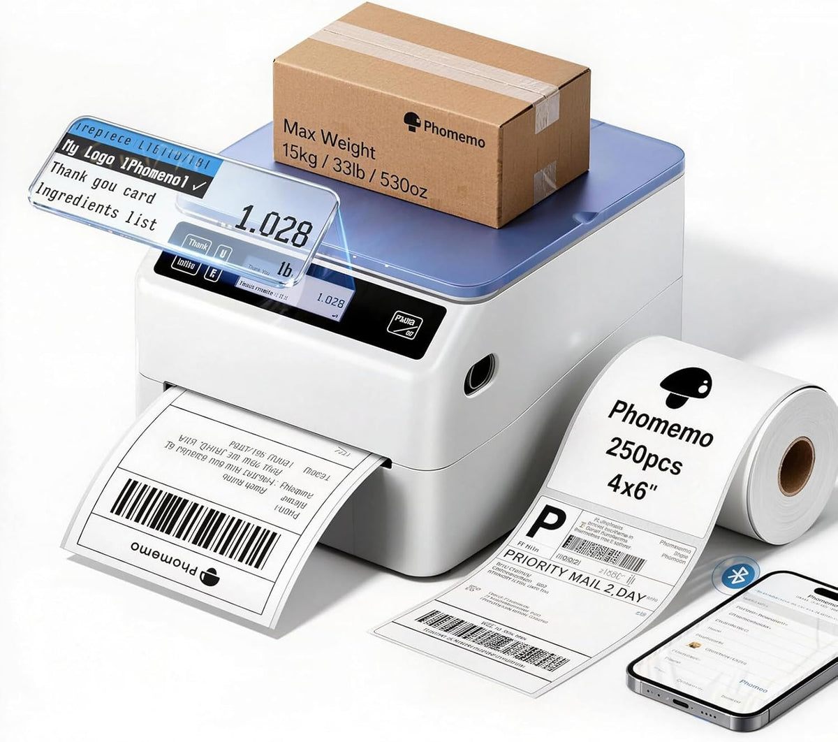 Phomemo D422S Shipping Label Printer with Scale & Packs of 250pcs 4x6 Thermal Labels by Phomemo