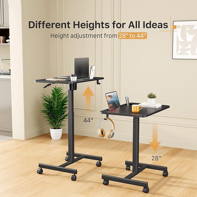 28 inch Mobile Laptop Desk, Portable Sit Stand Cart with Wheels | Small Standing Desk with Cup Holder, Rolling Computer Workstation Height Adjustable with Hook on 4 Lockable Casters, Black - Image 3