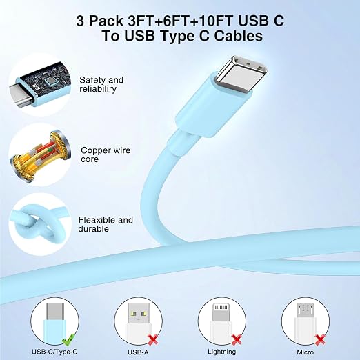 Hzevn 60W C Quick Wall Chargers 3Pack, Super Fast Charging Charger with Bulk 3/6/10FT Long USB C Cable Cords for Samsung Galaxy S26/S25/S24/S23 Ultra/S22/S21 (Blue, 3ft+6ft+10ft) - Image 4