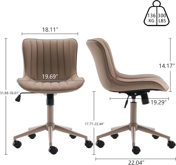 YOUNIKE Office Desk Chair with Wheels Armless Vanity Chair Ergonomic Khaki | Faux Leather Upholstered with Rocking Back, Swivel Height Adjustable, Modern Small Cute Task Chair For Sewing Drafting - Image 2