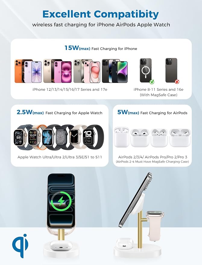 2026 3 in 1 Wireless Charging Station for Apple MagSafe Charger, 15W Fast Magnetic Mag-Safe Charger Stand for iPhone 17 16 15 14 13 12 Apple Watch AirPods Series, Gold&White - Image 9