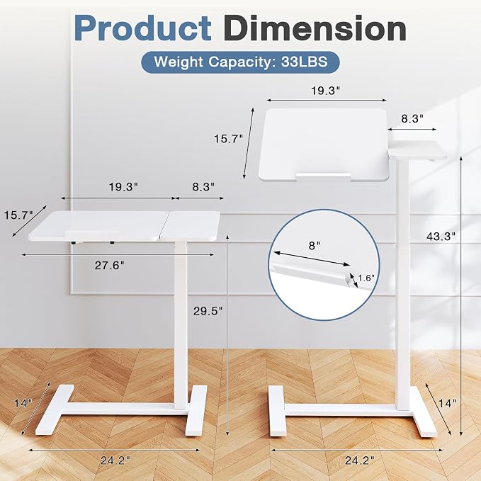 DUMOS Small Standing Desk, Rolling Desk, Laptop Table | Portable Design, Adjustable Height, Mobile Wheels, Computer Workstation, Home Office Classroom, White - Image 5