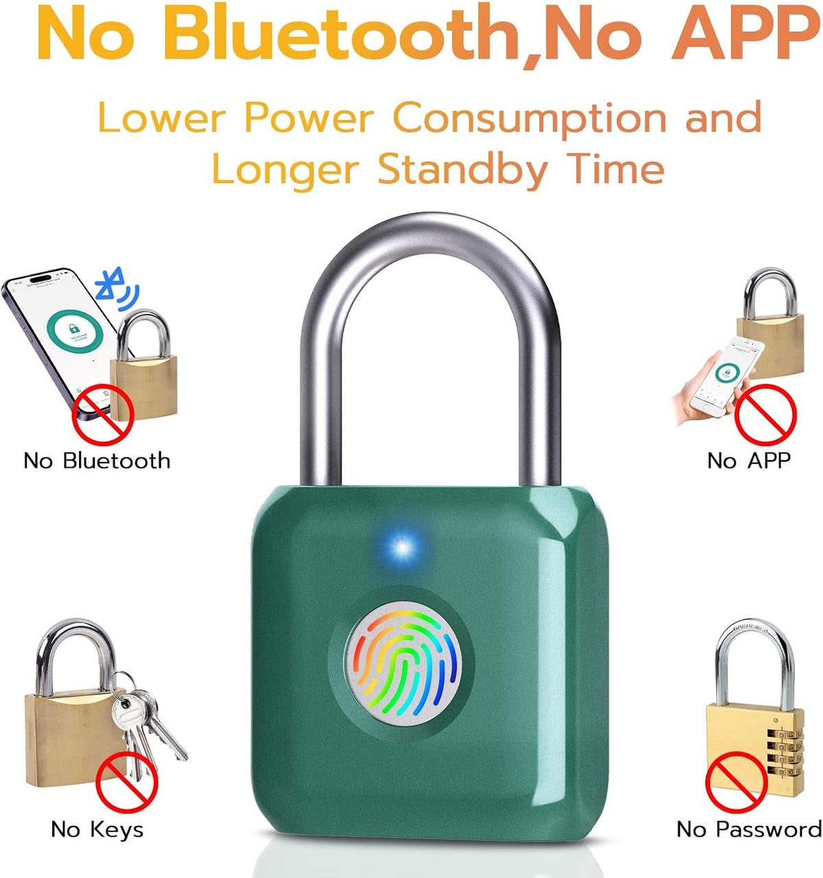 Fingerprint Padlock, Smart Metal Keyless Fingerprint Lock, Waterproof, USB Rechargeable, for Gym, School, Luggage, Backpack, Suitcase, Green - Image 4