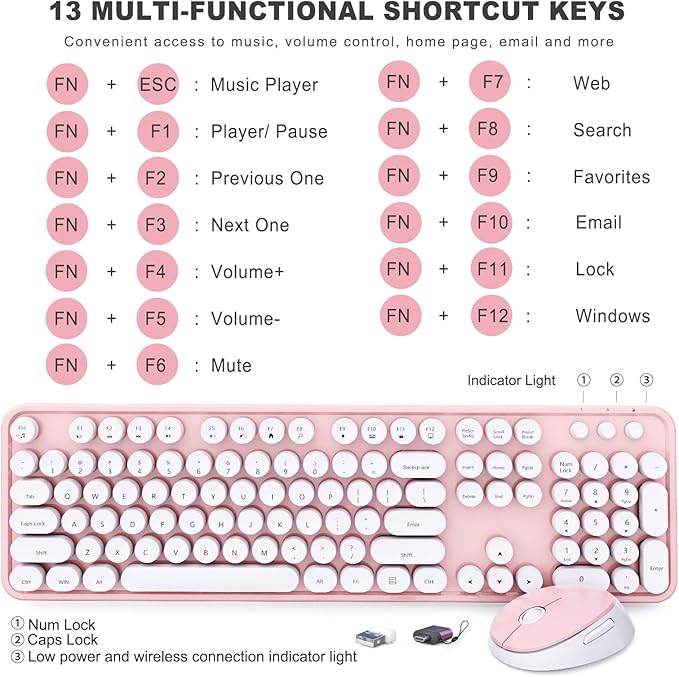 Wireless Keyboard and Mouse Combo, Ergonomic Full Size Typewriter Retro Round Keycaps Keyboard, Compatible with Windows, PC, Perfer for Home and Office Keyboards (Lovely Pink) - Image 4