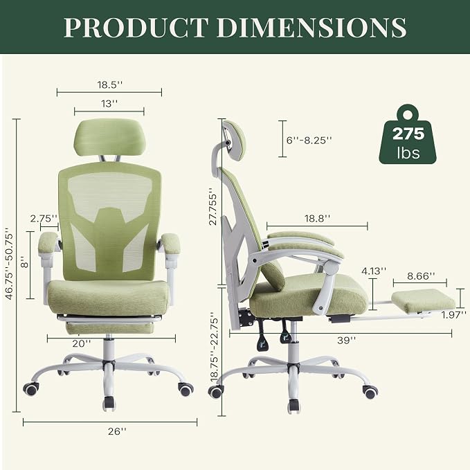Ergonomic Office Chair with Footrest, Computer Gaming Chair | Adjustable Headrest, Lumbar Support, Swivel Reclining, Padded Armrest, Mesh High Back, Home Desk Work Study, Green - Image 3