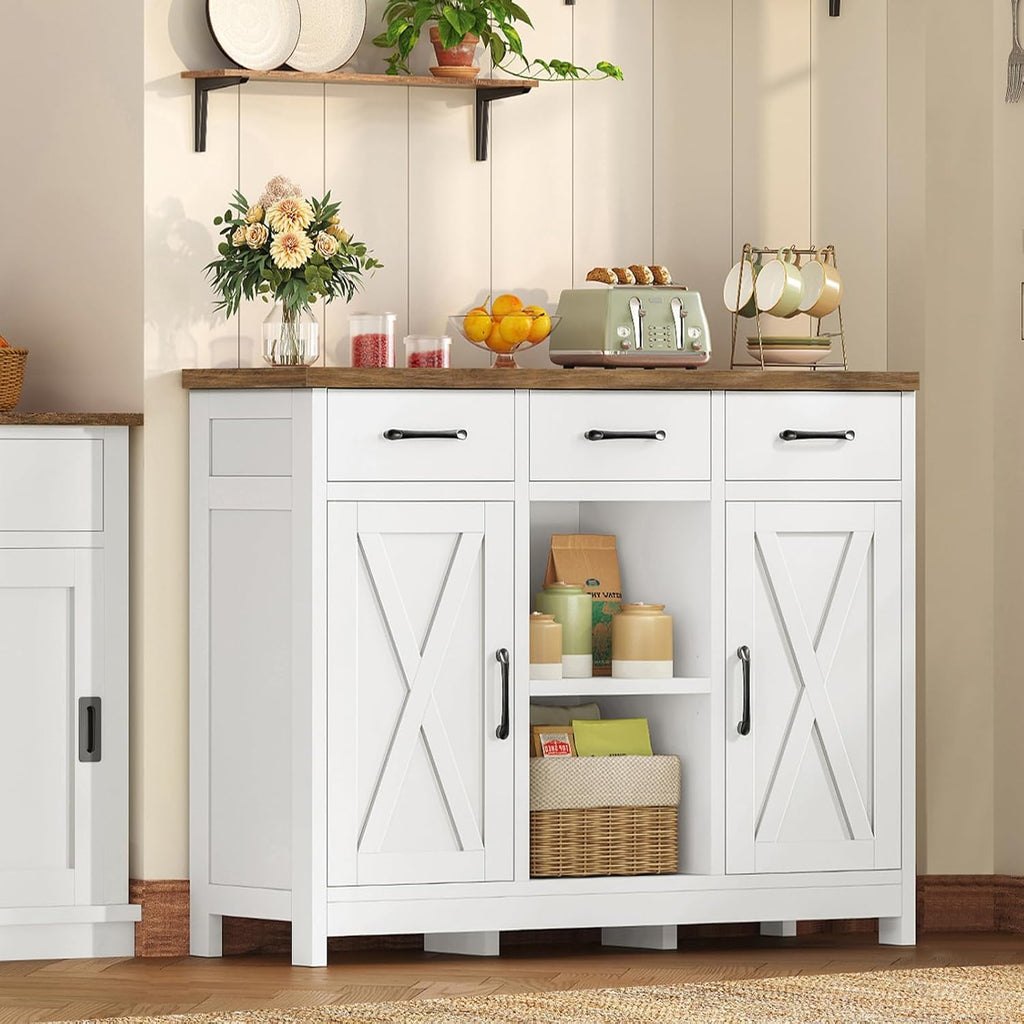Storage Cabinet, Coffee Bar Cabinet with 3 Drawers, 2 Adjustable Shelves & 2 Doors, Buffet Cabinet, Kitchen Cabinet for Kitchen, Dining Room, Living Room, White - Image 5