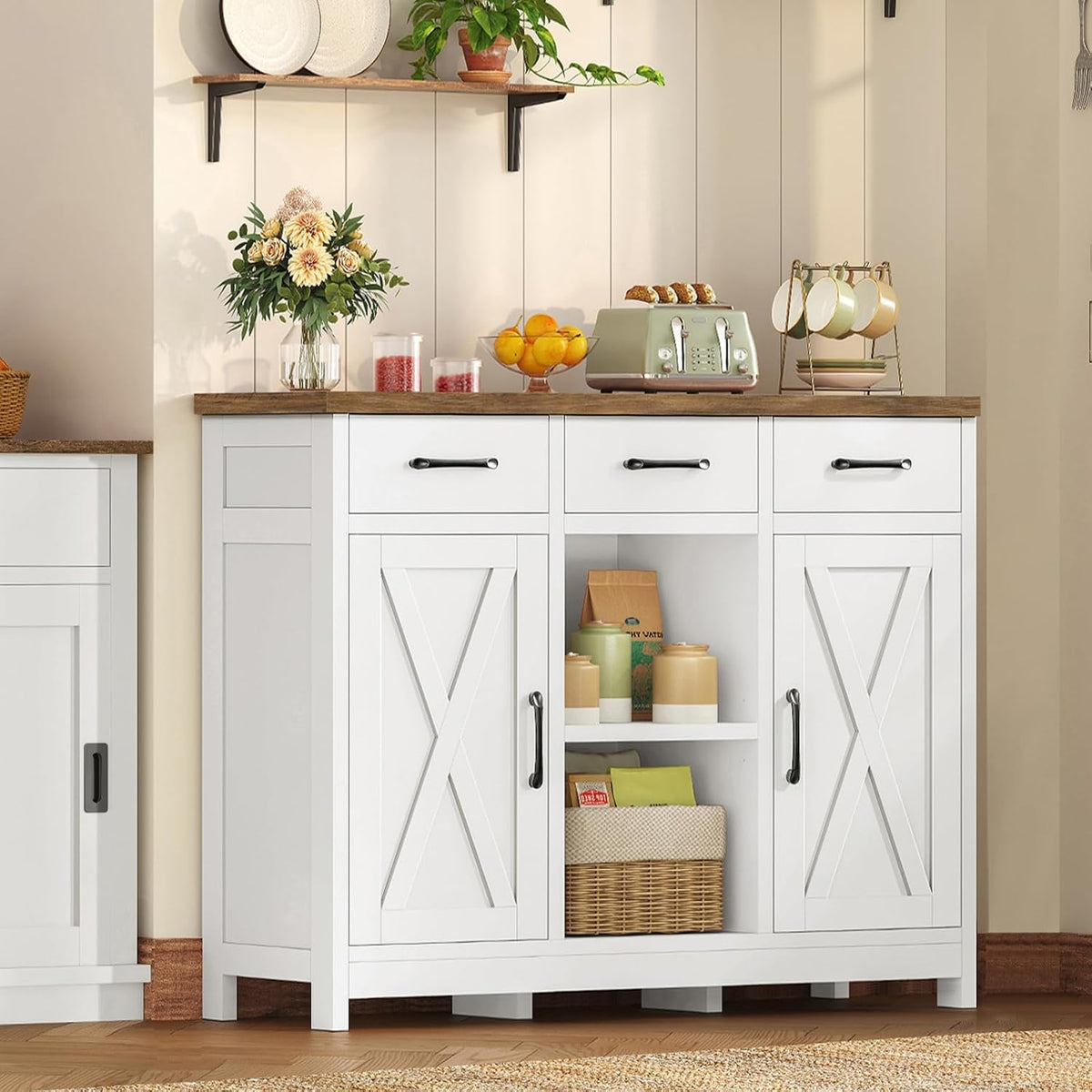 Storage Cabinet, Coffee Bar Cabinet with 3 Drawers, 2 Adjustable Shelves & 2 Doors, Buffet Cabinet, Kitchen Cabinet for Kitchen, Dining Room, Living Room, White - Image 5