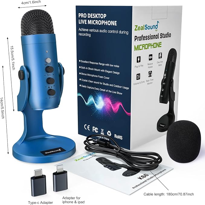 ZealSound Podcast Microphone for PC, Noise Cancellation USB Mic with Gain, Volume Adjustment & Mute Button, Monitoring & Echo, for YouTube, TikTok, Podcasting, Streaming, iPhone, iPad, Android(Blue) - Image 8