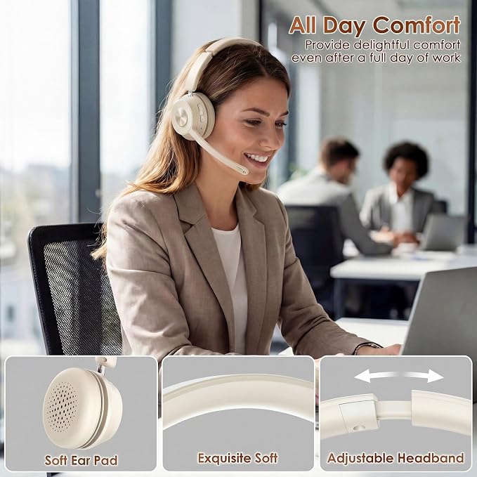 Wireless Headset with Mic for Work, Bluetooth Headset with Noise Cancelling | Headphones with Mic Mute & USB Dongle for PC/Computer/Laptop/Cell Phones/Remote Work/Call Center (Beige White) - Image 6