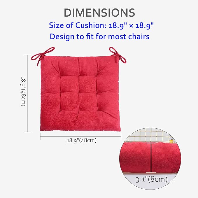 ELFJOY Set of 4 Square Chair Pads Indoor Seat Cushions Pillows with Ties Thick Soft Seat Cushion for Kitchen Dining Office Chair (18", Burgundy) - Image 3