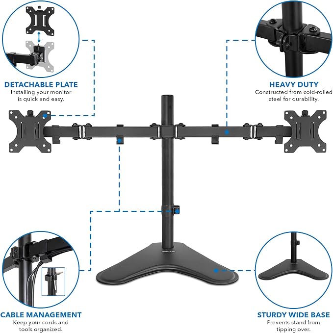 Mount-It! Dual Monitor Stand for Desk - Double Monitor Mount for 2 Screens up to 32 Inch and 17 Lbs - Free-Standing Base Swivel, Tilt, Rotates 360 Adjustable Arms - VESA Compatible High Grade Steel - Image 6