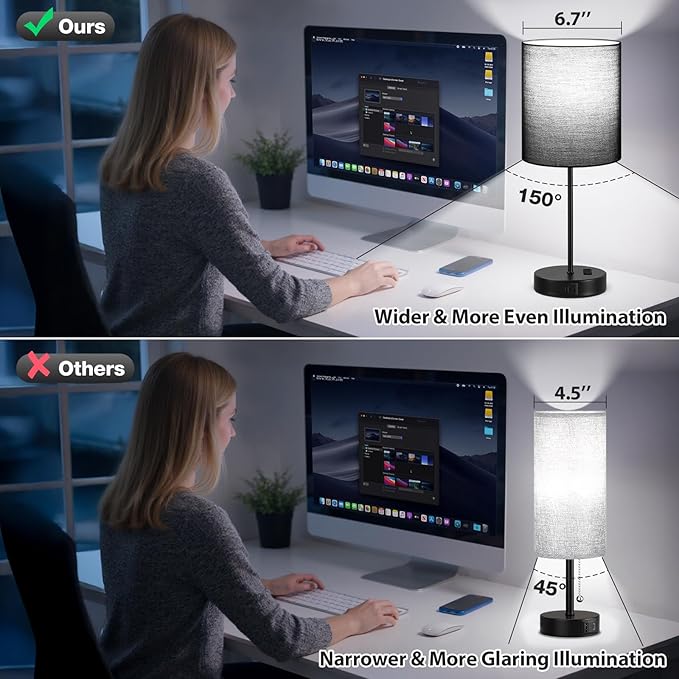 17.6" Black Touch Lamps for Bedroom Set of 2 - Dimmable, USB C+A, AC Outlet | Large 17.6" Tall Lamp, 3-Way Dimming, 5000K Daylight Bulbs, Black Lampshade Black Base, for Living Room, Boys, Men, Girls - Image 2