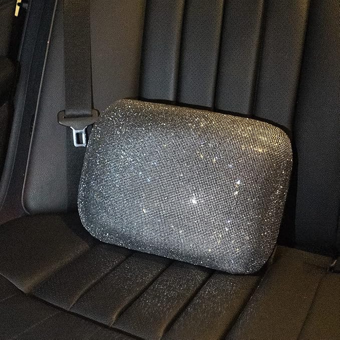 Carwales Lumbar Support Pillow Summer Decorative for Car Soft Bling Accessories Sparkly Diamond Rhinestone for Women Girls, Universal Office Chair Lower Back Cushion Rubber Black - Image 5