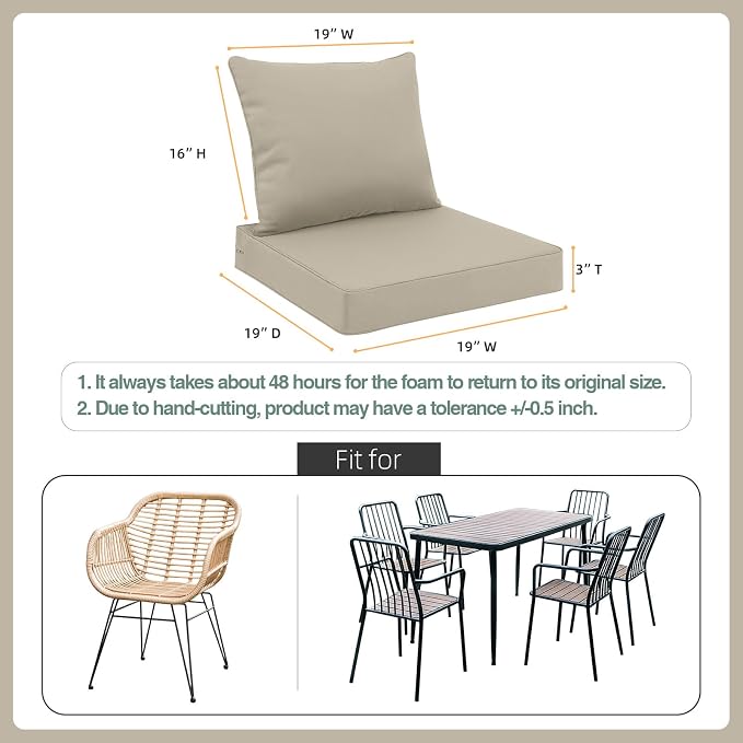 Favoyard Outdoor Patio Seat Cushions Set, 19 x 19 Inch, Waterproof, Beige | Fade-Resistant, Removable Cover, Deep Seat & Back Cushion, Tie Straps for Patio Furniture, Garden, Rocking Chair, Sofa Couch - Image 2