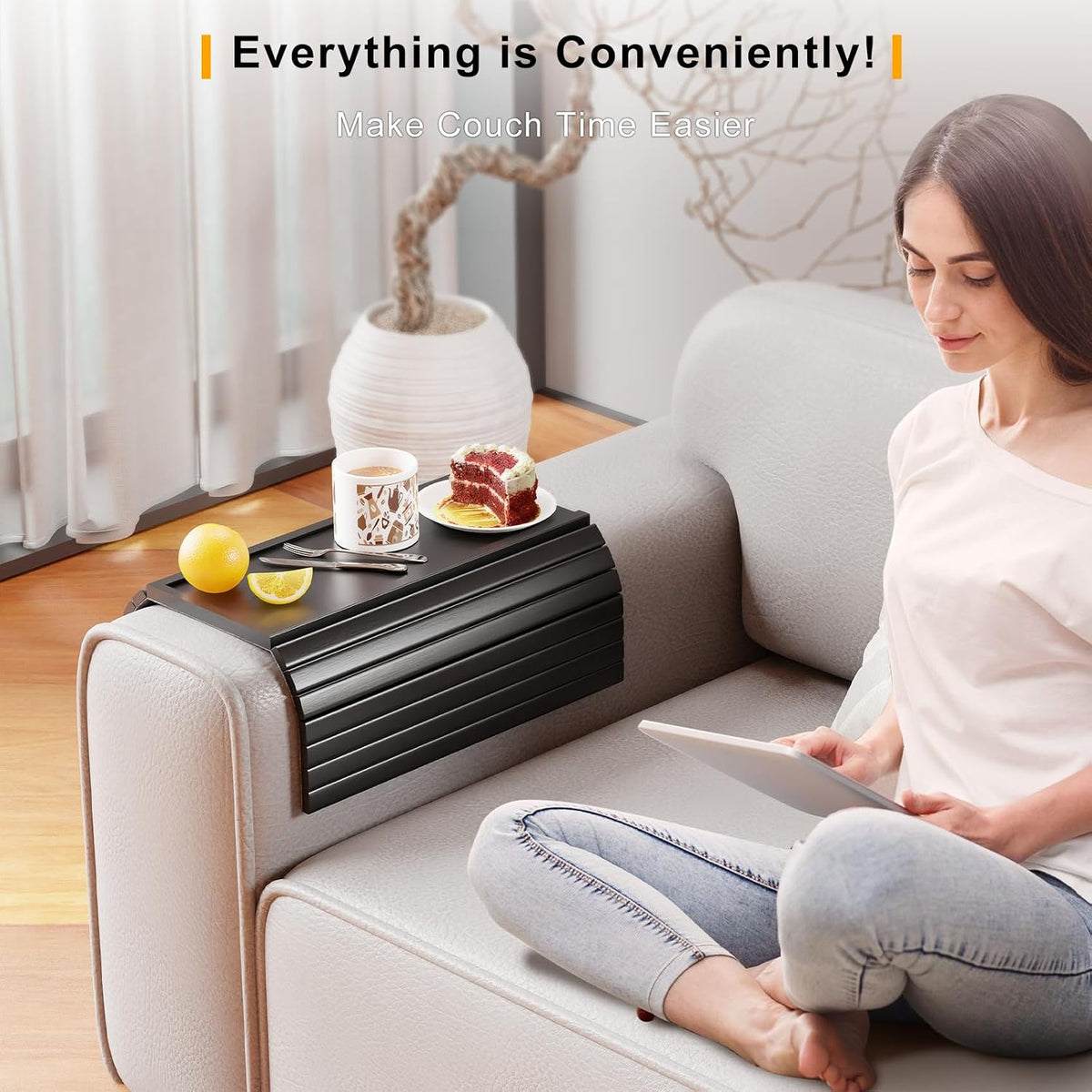 Bamboo Couch Armrest Table with Detachable Cup Holder Tray (Black) - Image 8