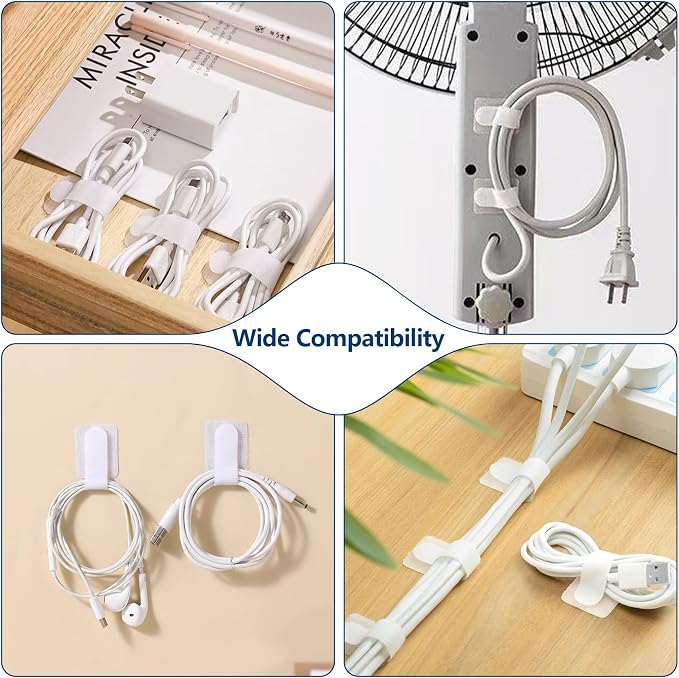 Abnii 50 PCS Hook and Loop Cable Ties, Under Desk Cable Management, White | Self Adhesive Cable Clips Straps, Sticky-Back Cord Organizer, Wire Organizer for TV PC Laptop Ethernet Desktop - Image 8