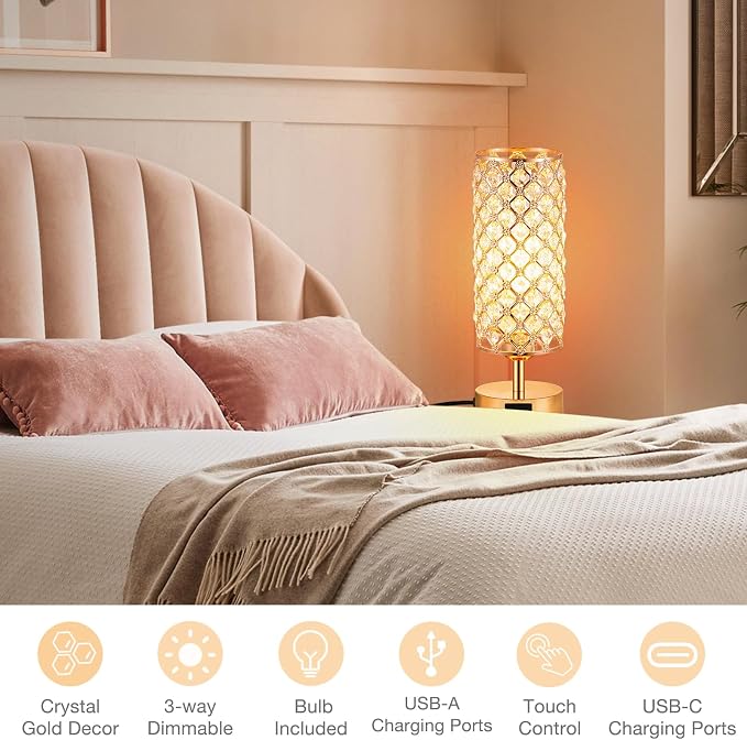 Crystal Table Lamp, 3 Way Dimmable Touch Lamps for Night Stands, Gold | Gold Crystal Touch Lamp for Bedroom with USB-C/A, Bulb included - Image 8