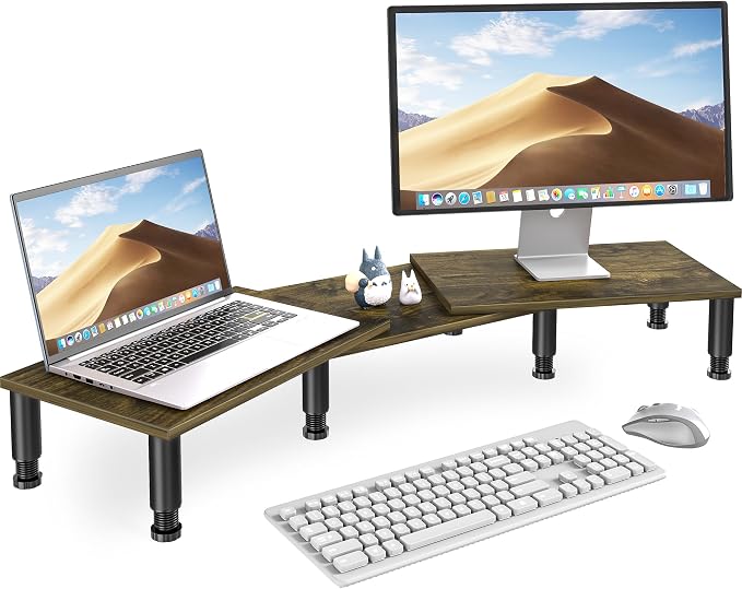 Dual Monitor Stand Riser, Monitor Stand with Adjustable Length and Angle, Wood Monitor Stand for Desk, Monitor Riser for 2 Monitors with Storage Space by 1