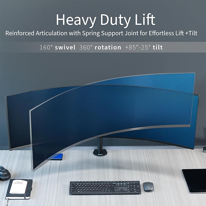 VIVO Clamp-on Single Ultra Wide Monitor Desk Mount, Low Profile Heavy Duty Adjustable Stand for 1 Ultrawide Screen up to 49 inches, 44 lbs Capacity, Black, STAND-V100C - Image 4