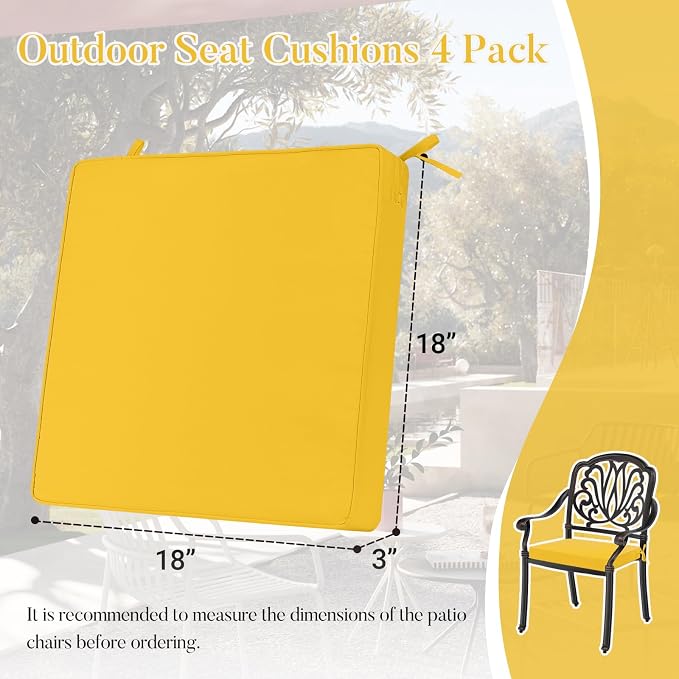 Basic Beyond Outdoor Chair Cushions for Patio Furniture, Waterproof Outdoor Seat Cushions Set of 4 18 x 18, Patio Chair Cushions Set of 4 with Ties and Handle, Yellow - Image 7