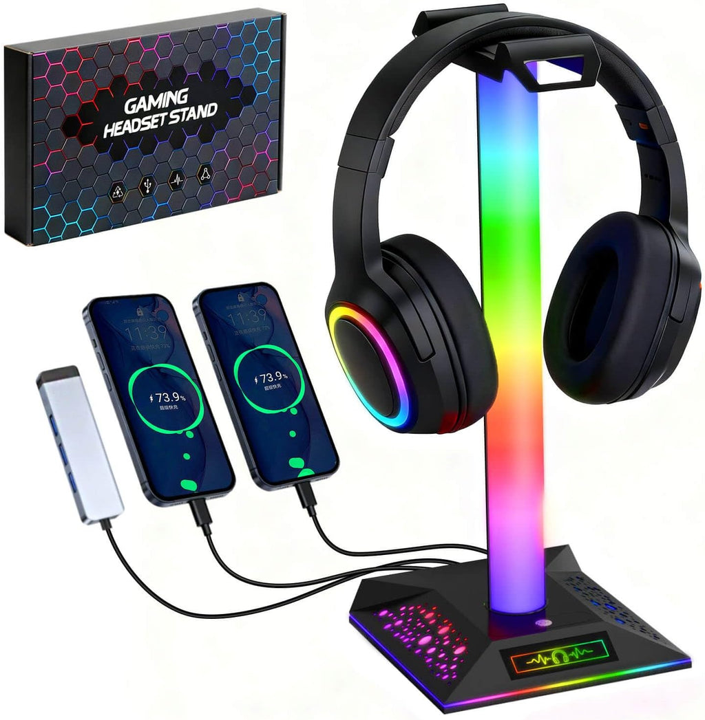 RGB Gaming Headset Stand, LED Headset Holder with 3 Charging Ports (2 USB & 1 Type-C) & 10 Lighting Modes, Headphone Stand Cool Stuff for Boys, Desk PC Gaming Accessories Gifts for Gamers Men Adult by LANVIA
