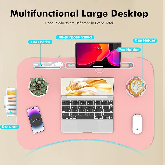 Lap Desk for Bed Adjustable Height, Foldable Bed Table with Storage Drawer, Tablet Slot & Cup Holder, Portable Laptop Stand for Bed & Sofa, Bed Desk for Adults & Kids, Pink - Image 5
