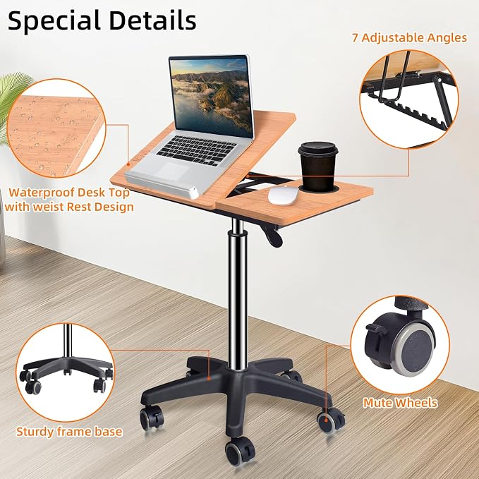 wishacc Large Rolling Desk Adjustable Height with Drawers, Mobile Standing Desk on Wheels, Portable Computer Workstation, White Sit to Stand Desk with Cup Holder & Storage for Home Office (Large) - Image 6