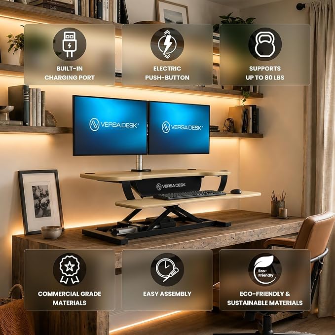 PowerPro 40 Inch Electric Standing Desk Converter – Push-Button Height Adjustable Sit to Stand Desk Riser for Triple Monitors & Laptop – Motorized Desktop Workstation with Wide Keyboard Tray - Image 2