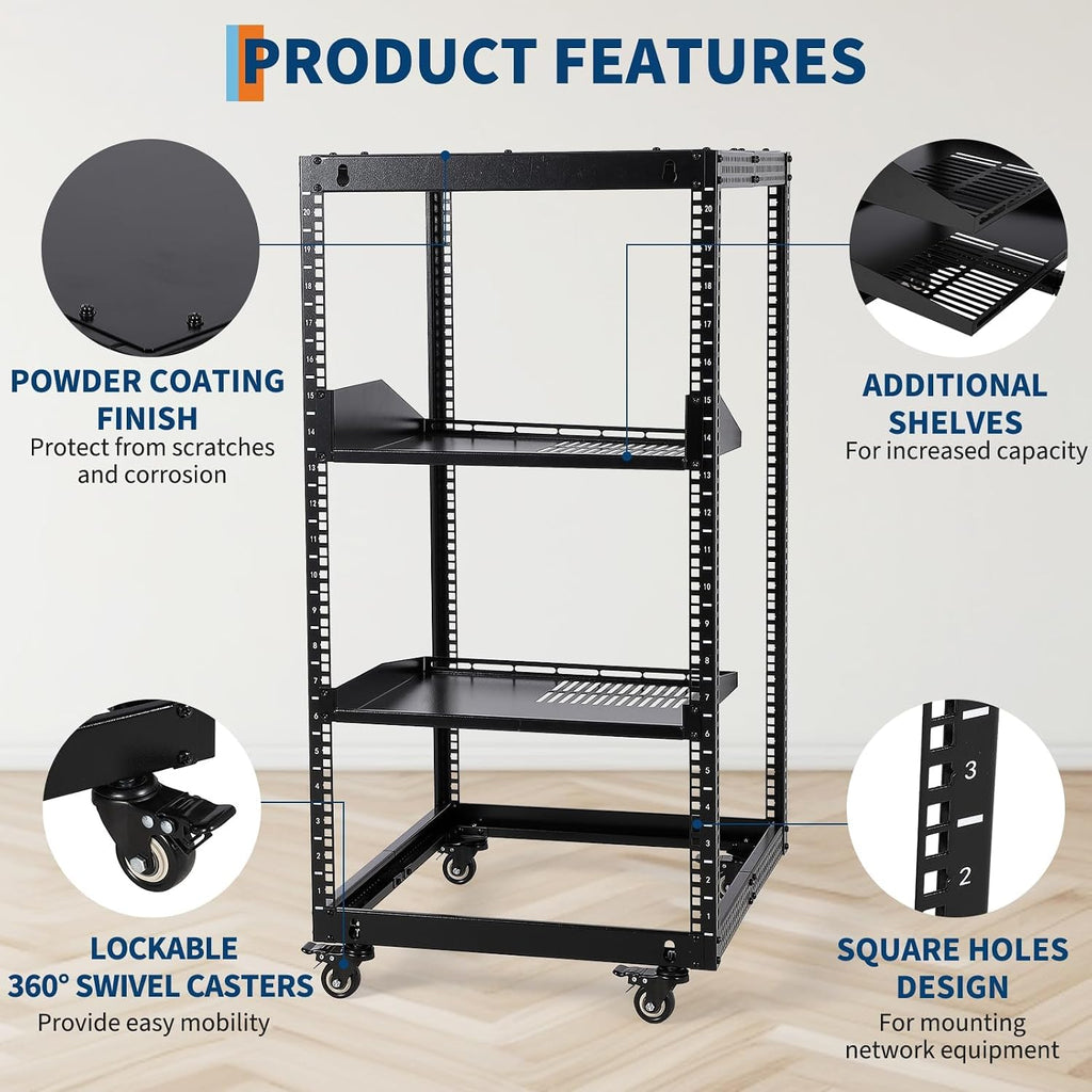 20U Open Frame Network Rack, 22"-40" Adjustable Depth, Wall Mount & Freestanding Server Rack with Lockable Casters + 2Pack 1U Shelves, Heavy Duty for IT AV Gear - Image 7