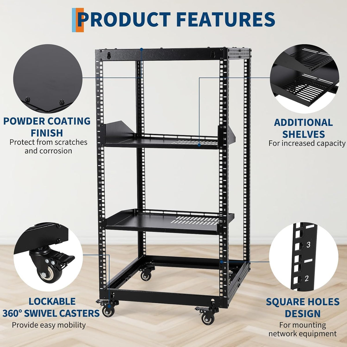 20U Open Frame Network Rack, 22"-40" Adjustable Depth, Wall Mount & Freestanding Server Rack with Lockable Casters + 2Pack 1U Shelves, Heavy Duty for IT AV Gear - Image 7