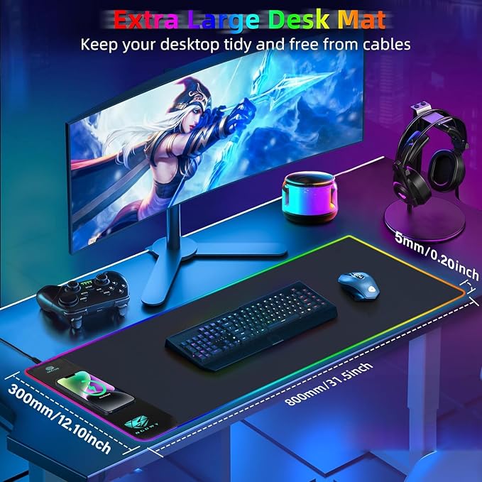 Wireless Charging RGB Gaming Mouse Pad 15W -800x300x4MM-Fast Charging, Ultra-Smooth Surface, Non-Slip Base, 13 Light Modes - Ultimate RGB Mouse Pad for Gamers - Large Mouse Pad Gaming Mat - Image 3