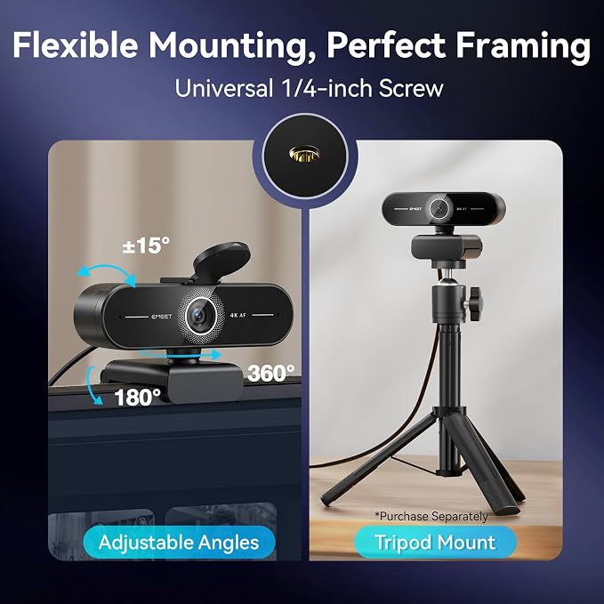 EMEET C60E 4K Webcam for Streaming & Gaming，PDAF Autofocus | Dual Mics, Live Streaming Camera with Auto Light Correction, Plug & Play USB Webcam for PC & Mac - Image 8